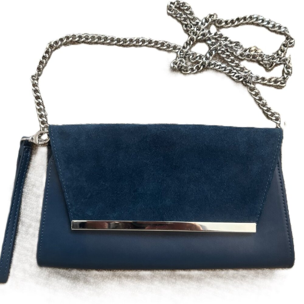 White House Black Market Navy Blue Clutch Purse with chain and wrist strap